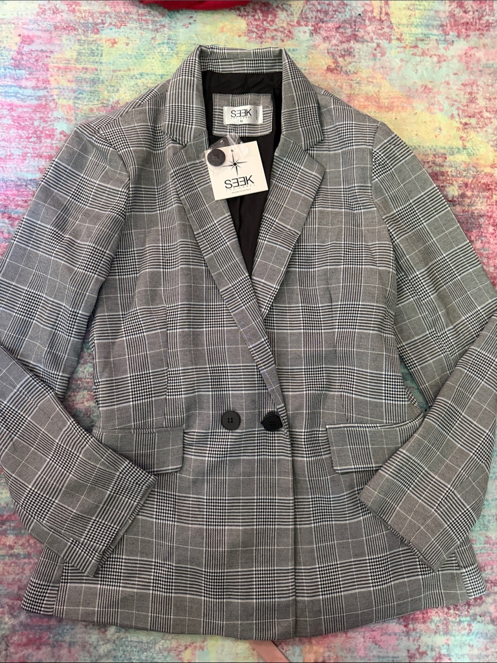 SEEK Women's Gray Plaid Double-Button Blazer